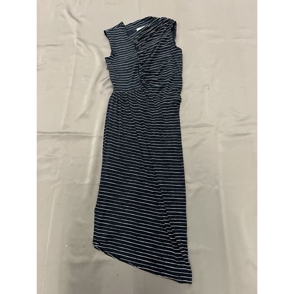 Boss Dresses & Skirts - Hugo Boss Midi Dress Esay Ruched Asymmetric Bateau Neckline Blue Striped Size S